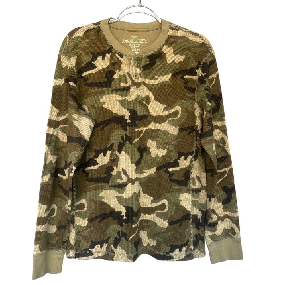 Y2K Faded‎ Glory Mens Henley Thermal Shirt Large Camo Stretch Casual Hunting